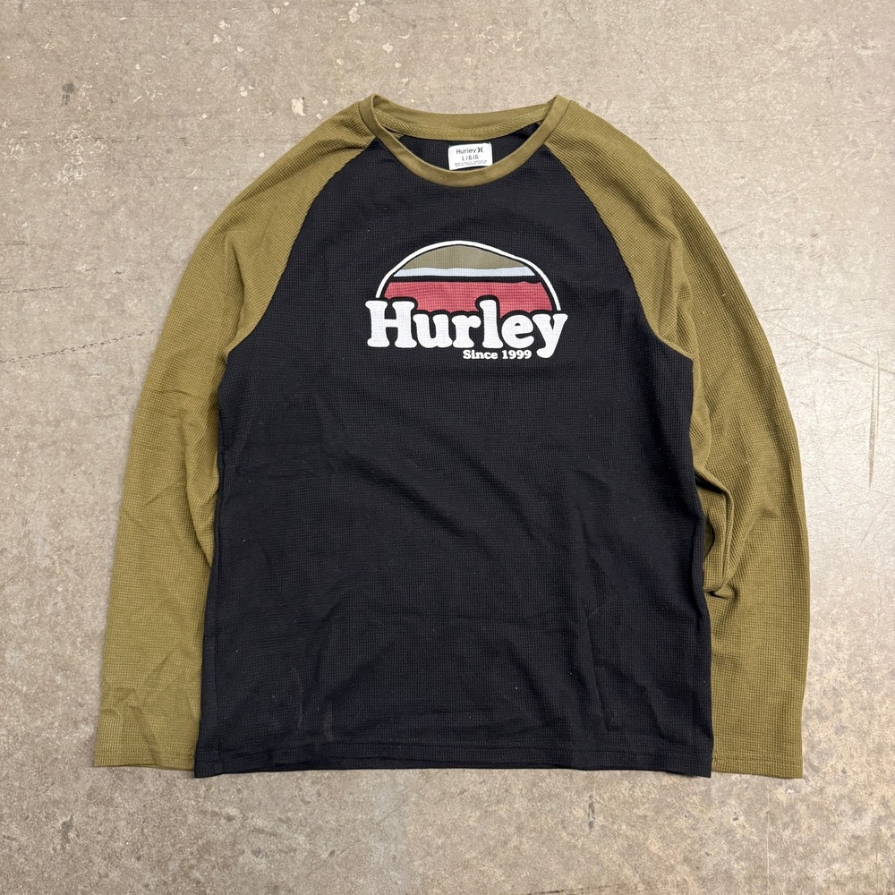 Hurley Mens Large Long Sleeve Thermal Waffle Knit Raglan Shirt Black Olive Green